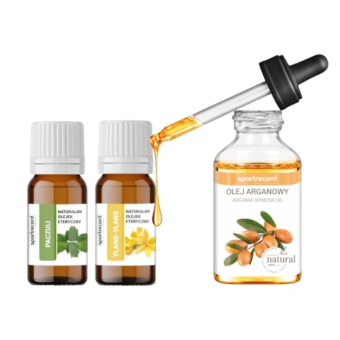 ZESTAW DO OLEJOWANIA WŁOSÓW ZNISZCZONYCH I MATOWYCH: OLEJ ARGANOWY + 2X OLEJKI ETERYCZNE (YLANG-YLANG & PACZULI)